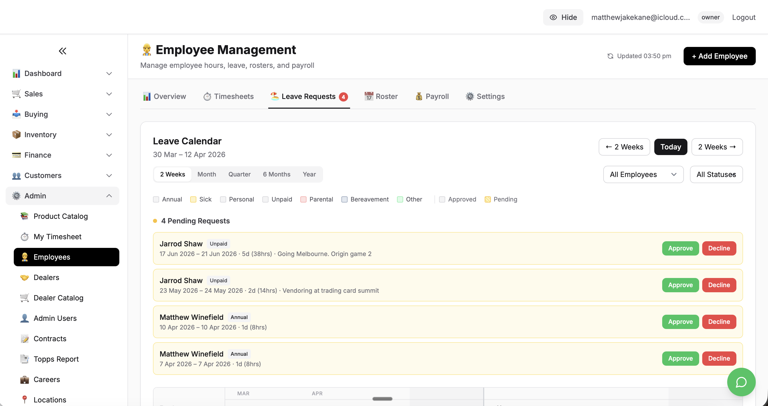 Swapitt HR platform showing employee leave calendar with pending approval requests
